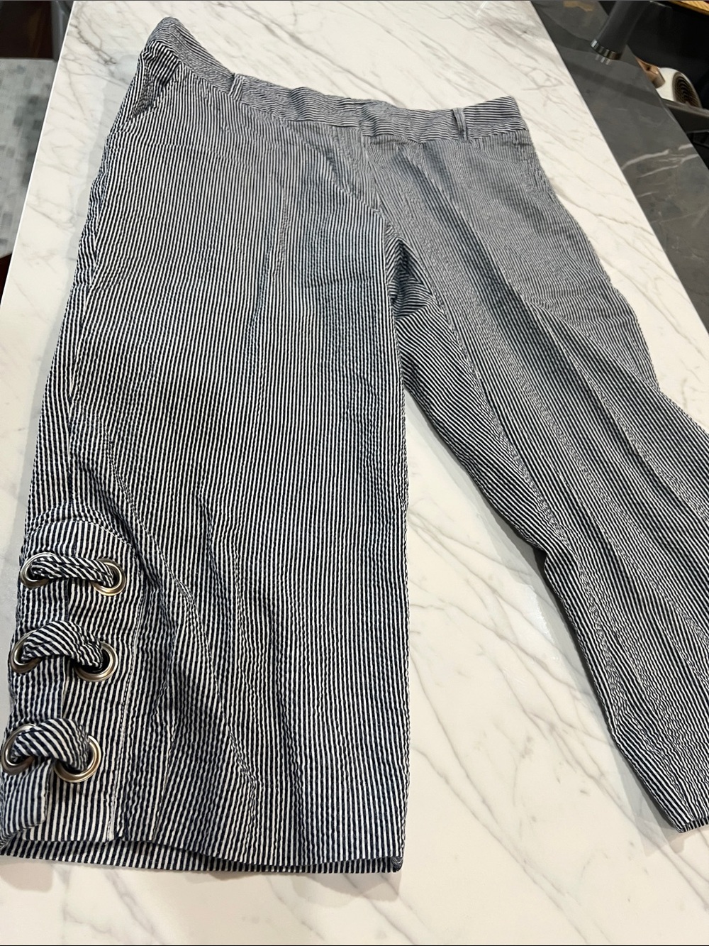 Striped & Navy and White Cropped Pants with Eyelet Detail